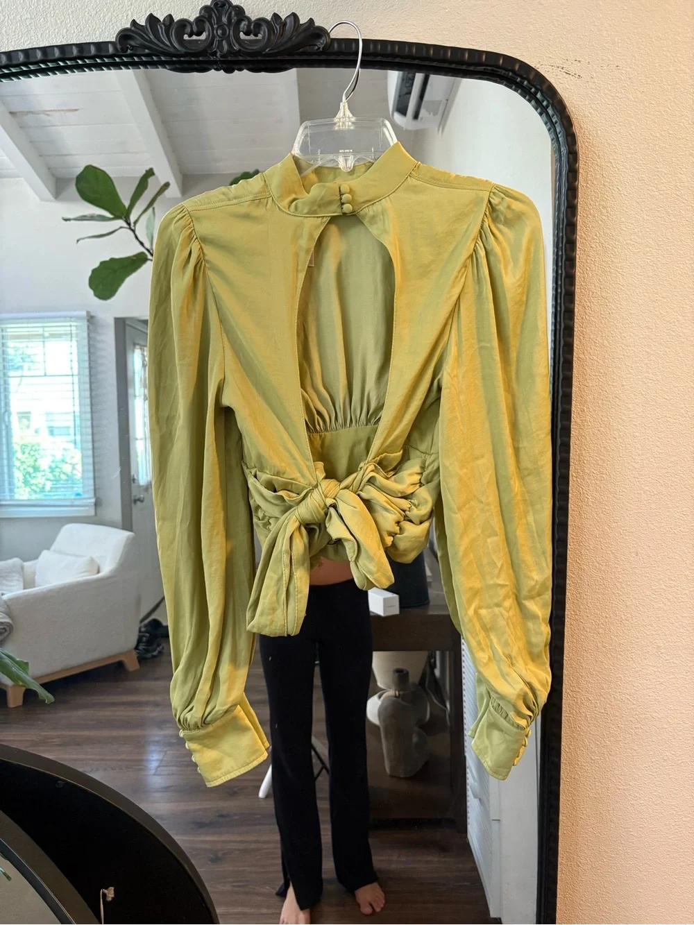 Free People Olive Green Ruched Waist Long-Sleeve Blouse